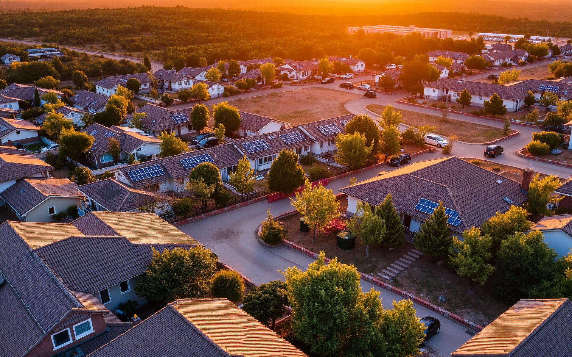 Aerial view of a small village at golden hour