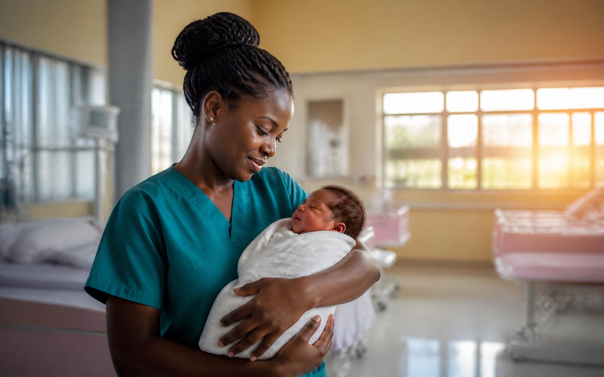 Nurse holding a newborn in the maternity ward